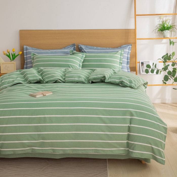 91家纺网 家纺一手货源 找家纺 杜先生 2023新款全棉无印风老粗布四件套直播爆款 无印风条纹-绿