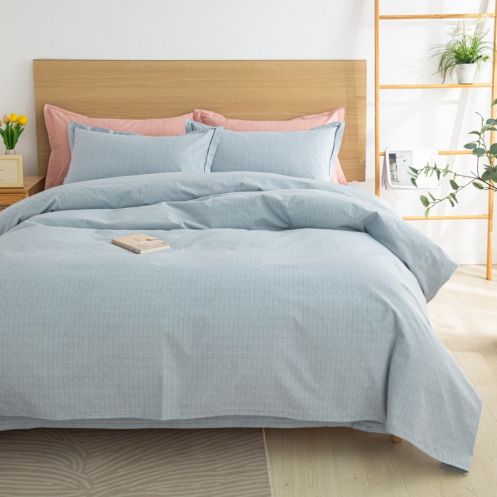 91家纺网 家纺一手货源 找家纺 杜先生 2023新款全棉无印风老粗布四件套直播爆款 无印风影格-蓝灰