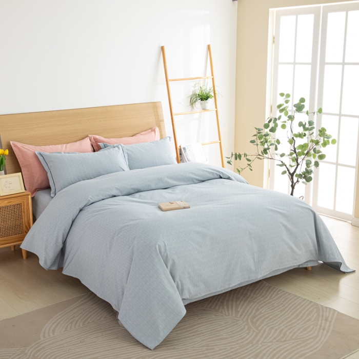 91家纺网 家纺一手货源 找家纺 杜先生 2023新款全棉无印风老粗布四件套直播爆款 无印风影格-蓝灰