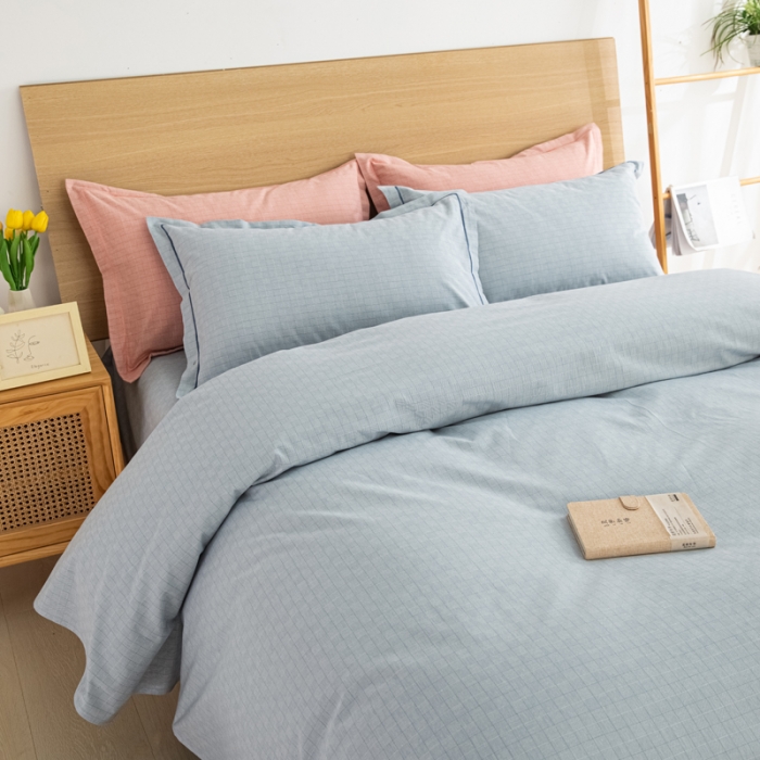 91家纺网 家纺一手货源 找家纺 杜先生 2023新款全棉无印风老粗布四件套直播爆款 无印风影格-蓝灰