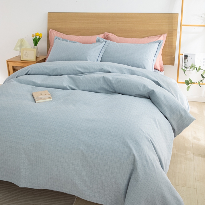 91家纺网 家纺一手货源 找家纺 杜先生 2023新款全棉无印风老粗布四件套直播爆款 无印风影格-蓝灰