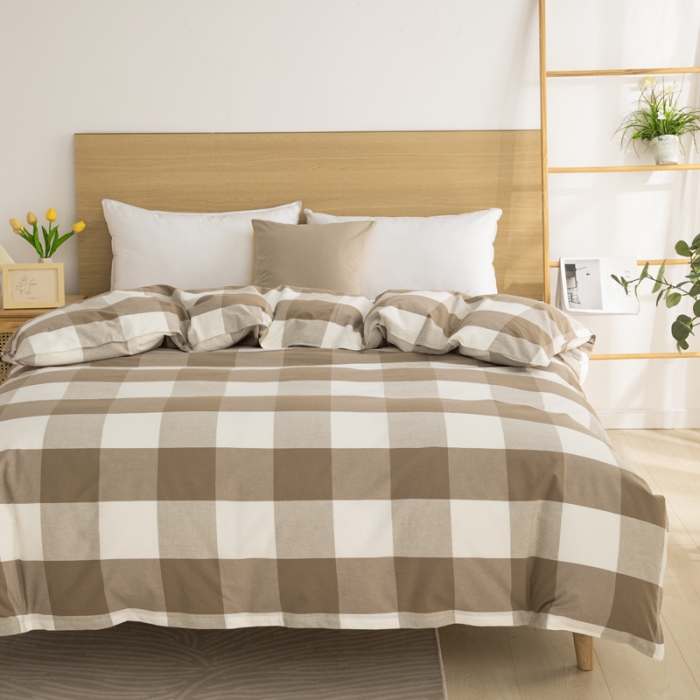 91家纺网 家纺一手货源 找家纺 杜先生2023新全棉无印风老粗布单双针被套直播爆款 无印风格子-咖