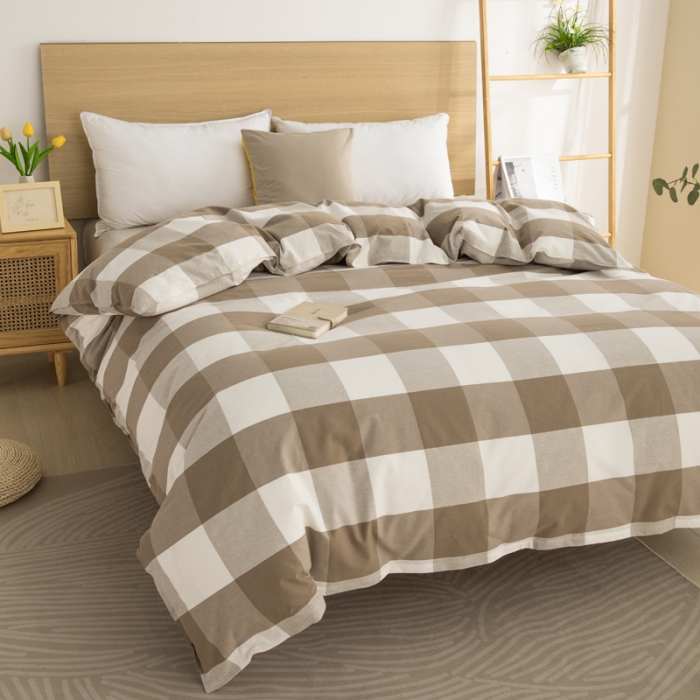 91家纺网 家纺一手货源 找家纺 杜先生2023新全棉无印风老粗布单双针被套直播爆款 无印风格子-咖