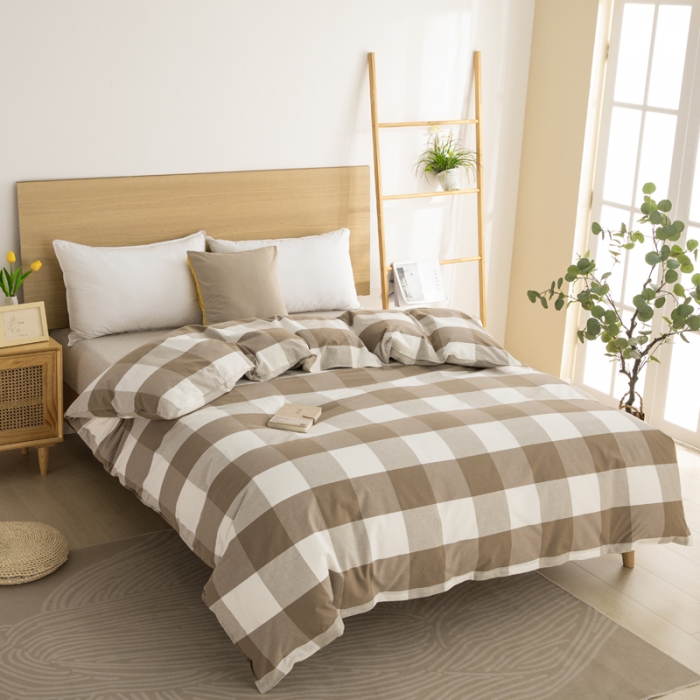 91家纺网 家纺一手货源 找家纺 杜先生2023新全棉无印风老粗布单双针被套直播爆款 无印风格子-咖