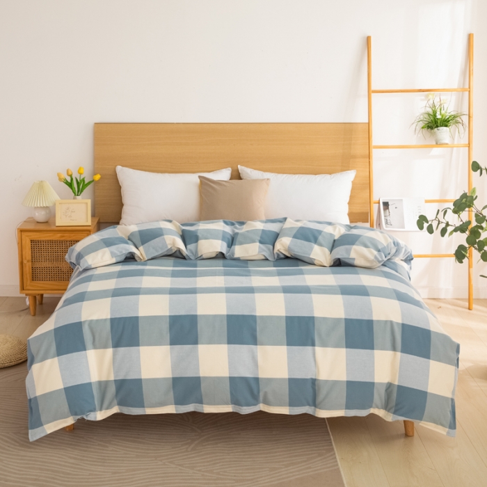 91家纺网 家纺一手货源 找家纺 杜先生2023新全棉无印风老粗布单双针被套直播爆款 无印风格子-蓝