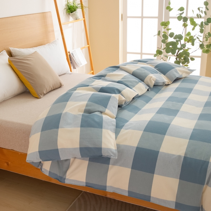 91家纺网 家纺一手货源 找家纺 杜先生2023新全棉无印风老粗布单双针被套直播爆款 无印风格子-蓝