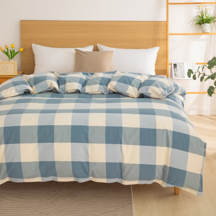 91家纺网 家纺一手货源 找家纺 杜先生2023新全棉无印风老粗布单双针被套直播爆款 无印风格子-蓝