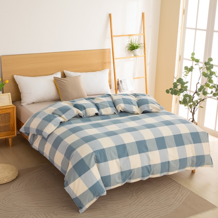 91家纺网 家纺一手货源 找家纺 杜先生2023新全棉无印风老粗布单双针被套直播爆款 无印风格子-蓝