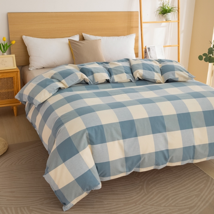 91家纺网 家纺一手货源 找家纺 杜先生2023新全棉无印风老粗布单双针被套直播爆款 无印风格子-蓝