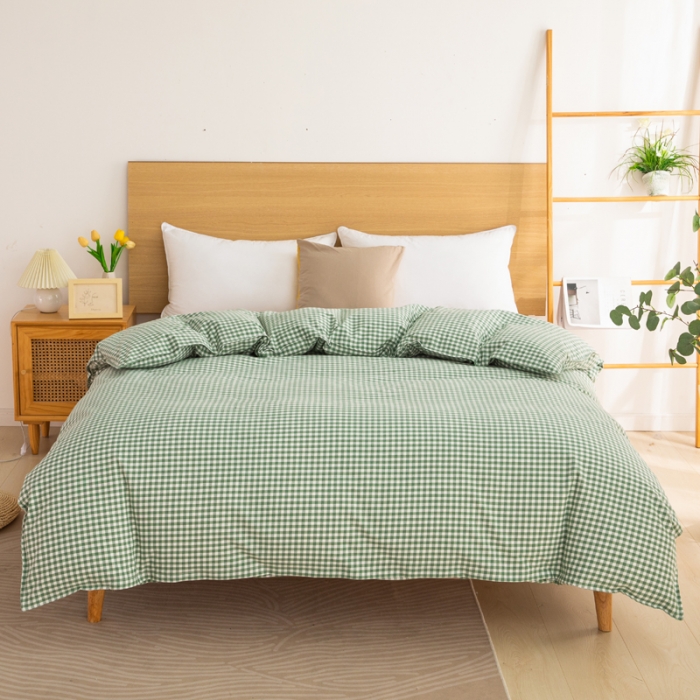 91家纺网 家纺一手货源 找家纺 杜先生2023新全棉无印风老粗布单双针被套直播爆款 无印风格子-绿