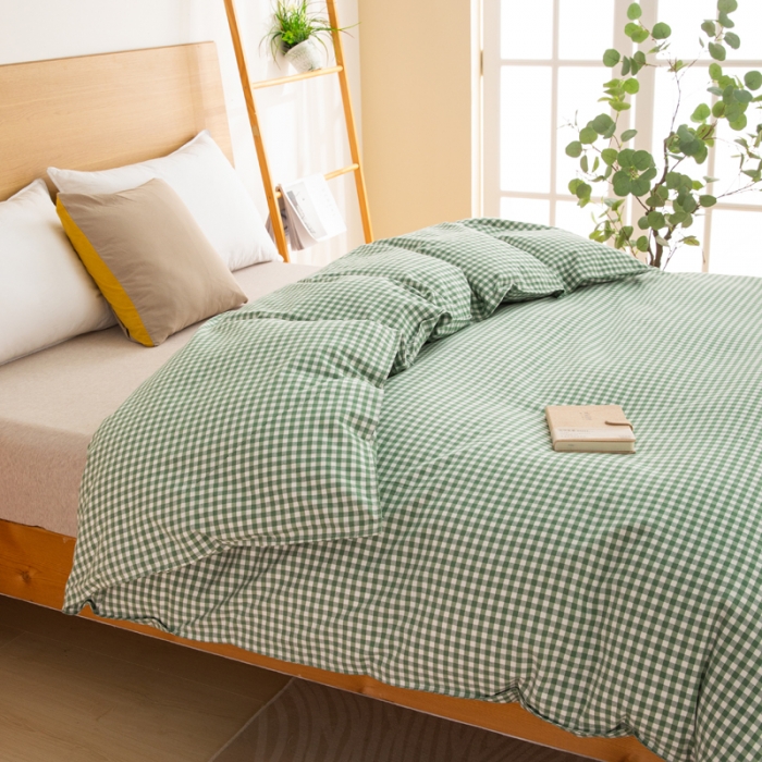 91家纺网 家纺一手货源 找家纺 杜先生2023新全棉无印风老粗布单双针被套直播爆款 无印风格子-绿