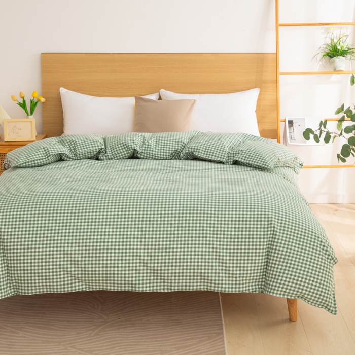 91家纺网 家纺一手货源 找家纺 杜先生2023新全棉无印风老粗布单双针被套直播爆款 无印风格子-绿