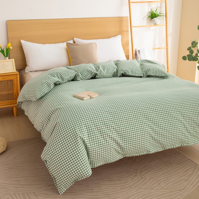 91家纺网 家纺一手货源 找家纺 杜先生2023新全棉无印风老粗布单双针被套直播爆款 无印风格子-绿