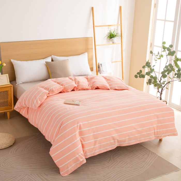 91家纺网 家纺一手货源 找家纺 杜先生2023新全棉无印风老粗布单双针被套直播爆款 无印风条纹-粉玉