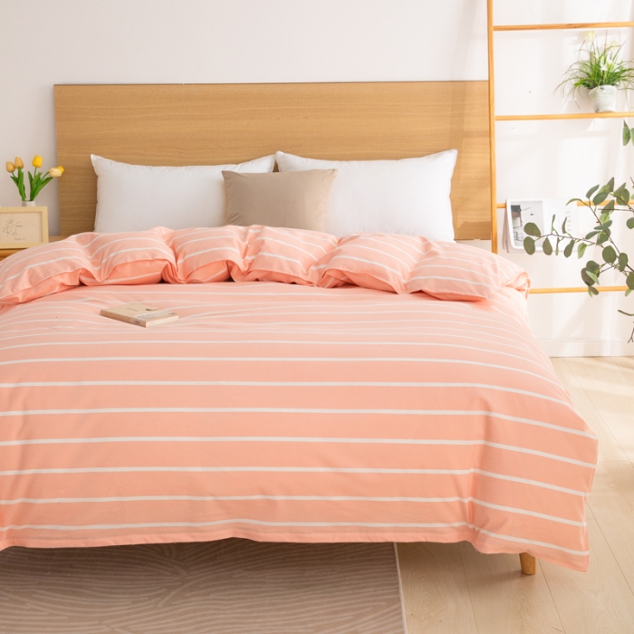 91家纺网 家纺一手货源 找家纺 杜先生2023新全棉无印风老粗布单双针被套直播爆款 无印风条纹-粉玉