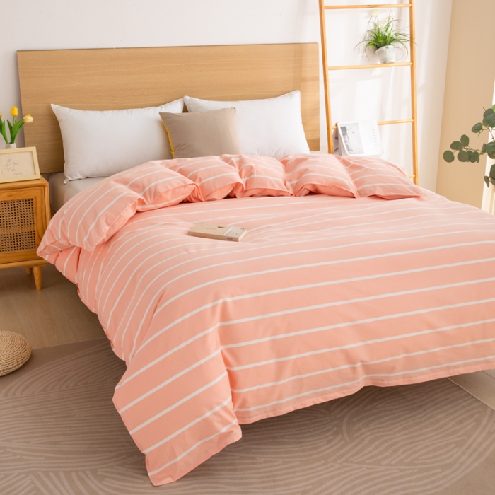 91家纺网 家纺一手货源 找家纺 杜先生2023新全棉无印风老粗布单双针被套直播爆款 无印风条纹-粉玉