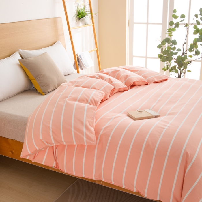 91家纺网 家纺一手货源 找家纺 杜先生2023新全棉无印风老粗布单双针被套直播爆款 无印风条纹-粉玉