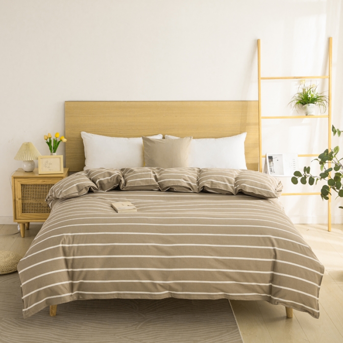 91家纺网 家纺一手货源 找家纺 杜先生2023新全棉无印风老粗布单双针被套直播爆款 无印风条纹-咖