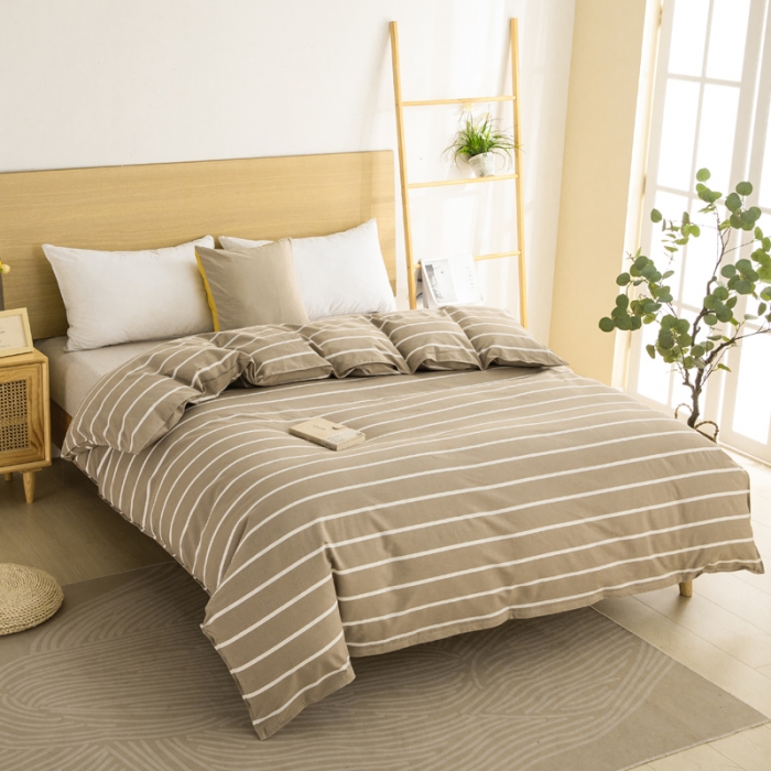 91家纺网 家纺一手货源 找家纺 杜先生2023新全棉无印风老粗布单双针被套直播爆款 无印风条纹-咖