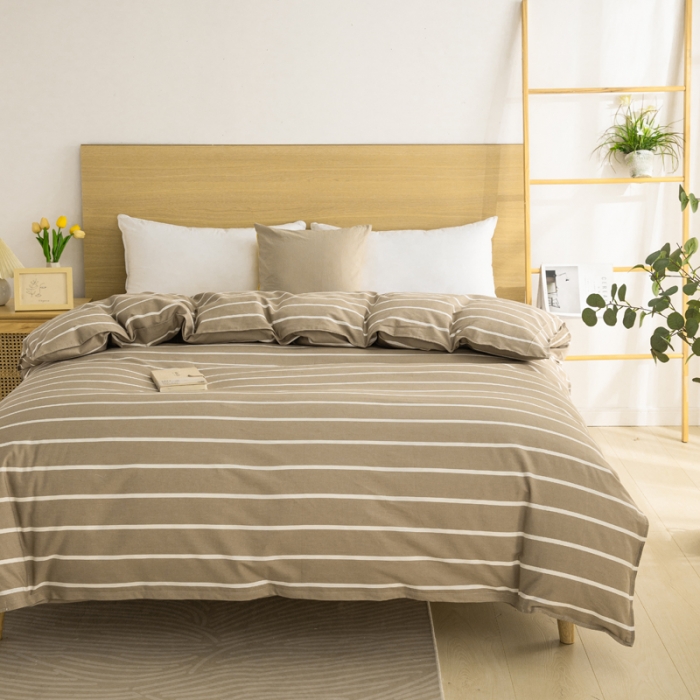 91家纺网 家纺一手货源 找家纺 杜先生2023新全棉无印风老粗布单双针被套直播爆款 无印风条纹-咖