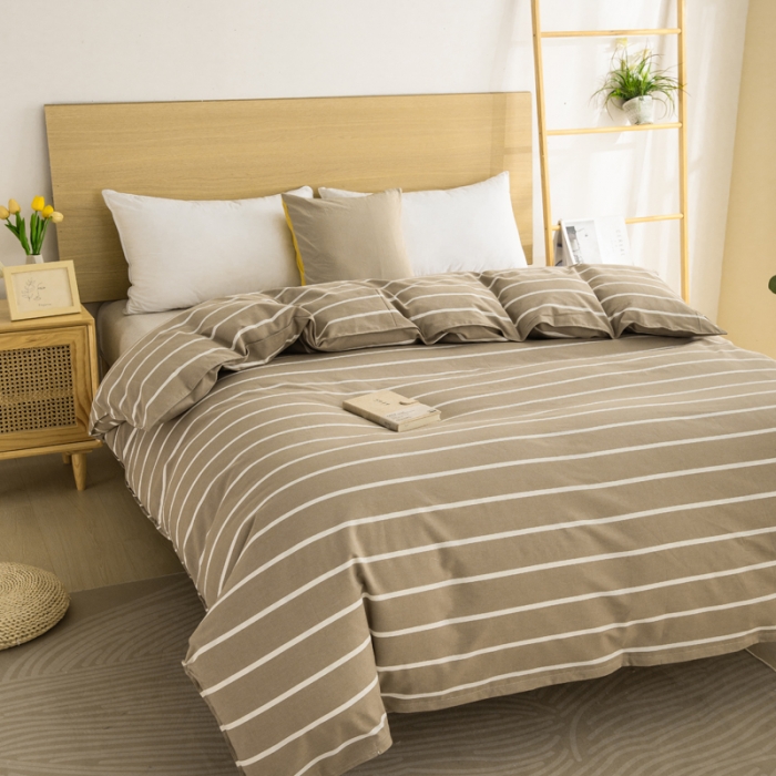 91家纺网 家纺一手货源 找家纺 杜先生2023新全棉无印风老粗布单双针被套直播爆款 无印风条纹-咖