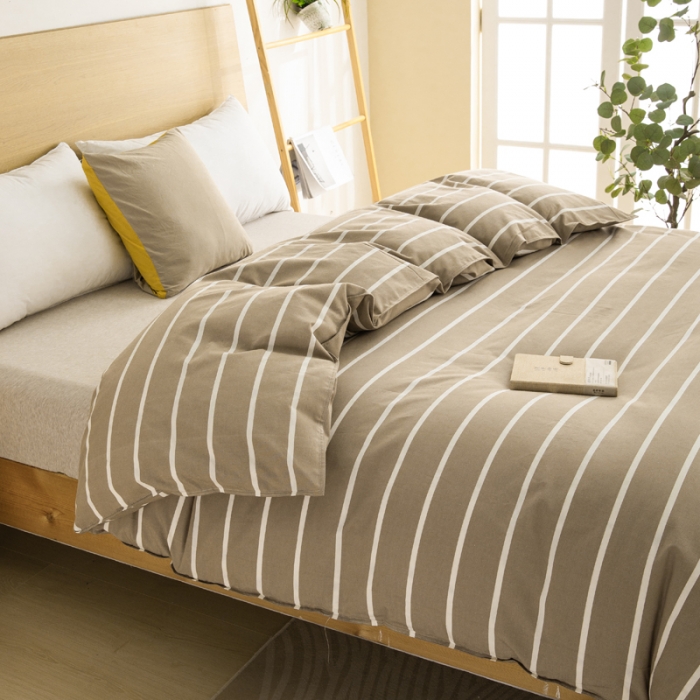 91家纺网 家纺一手货源 找家纺 杜先生2023新全棉无印风老粗布单双针被套直播爆款 无印风条纹-咖