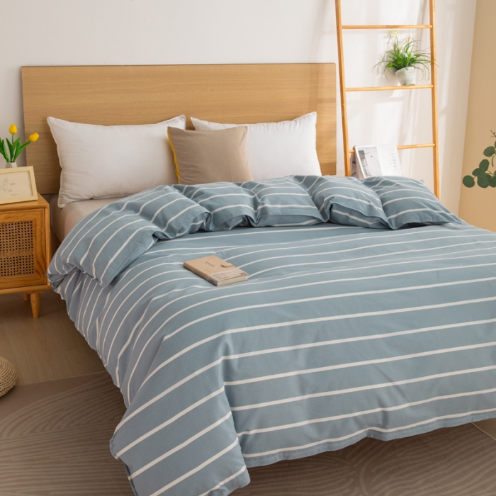 91家纺网 家纺一手货源 找家纺 杜先生2023新全棉无印风老粗布单双针被套直播爆款 无印风条纹-蓝灰