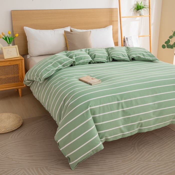 91家纺网 家纺一手货源 找家纺 杜先生2023新全棉无印风老粗布单双针被套直播爆款 无印风条纹-绿