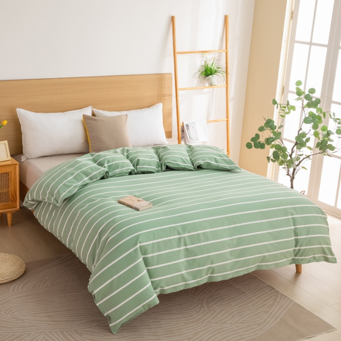 91家纺网 家纺一手货源 找家纺 杜先生2023新全棉无印风老粗布单双针被套直播爆款 无印风条纹-绿