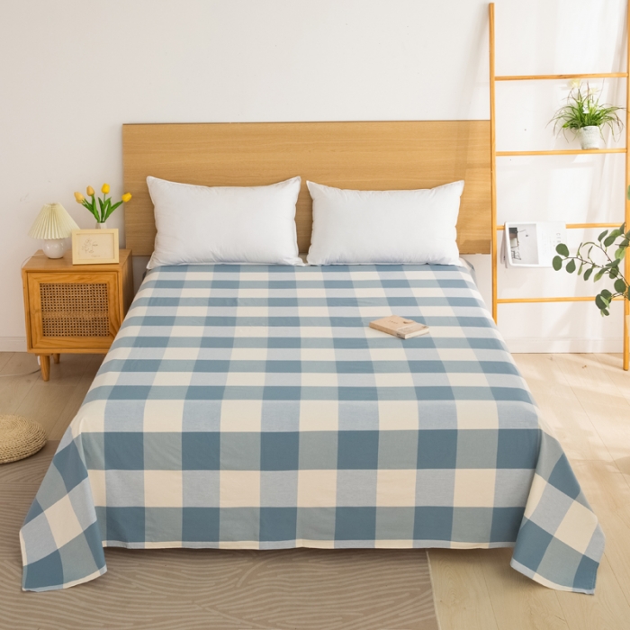 91家纺网 家纺一手货源 找家纺 杜先生 2023新款全棉无印风老粗布单床单直播爆款 无印风格子-蓝