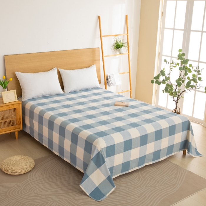 91家纺网 家纺一手货源 找家纺 杜先生 2023新款全棉无印风老粗布单床单直播爆款 无印风格子-蓝