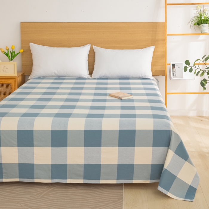 91家纺网 家纺一手货源 找家纺 杜先生 2023新款全棉无印风老粗布单床单直播爆款 无印风格子-蓝