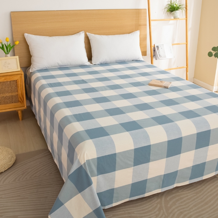 91家纺网 家纺一手货源 找家纺 杜先生 2023新款全棉无印风老粗布单床单直播爆款 无印风格子-蓝