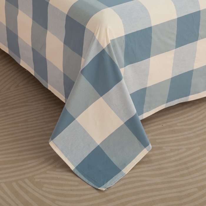 91家纺网 家纺一手货源 找家纺 杜先生 2023新款全棉无印风老粗布单床单直播爆款 无印风格子-蓝