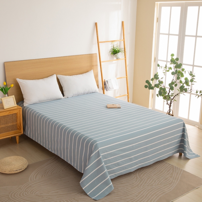 91家纺网 家纺一手货源 找家纺 杜先生 2023新款全棉无印风老粗布单床单直播爆款 无印风条纹-蓝灰