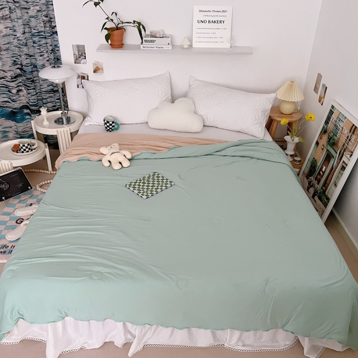 91家纺网 家纺一手货源 找家纺 星期八 2022新款马卡龙针织棉大豆夏被 豆绿卡其