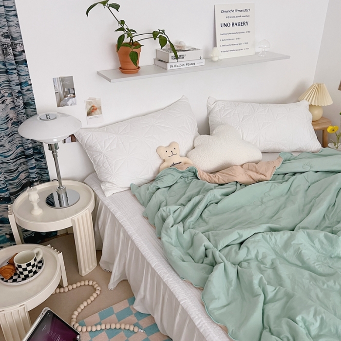 91家纺网 家纺一手货源 找家纺 星期八 2022新款马卡龙针织棉大豆夏被 豆绿卡其