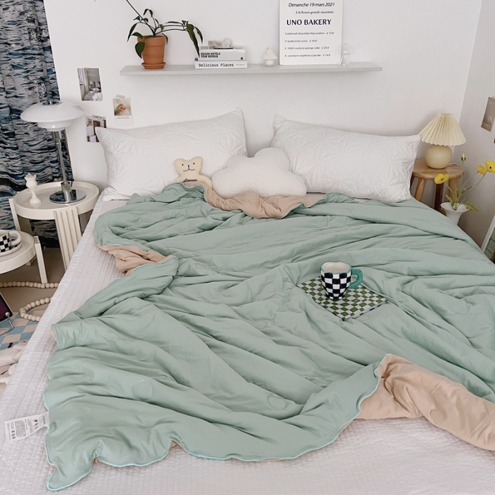 91家纺网 家纺一手货源 找家纺 星期八 2022新款马卡龙针织棉大豆夏被 豆绿卡其