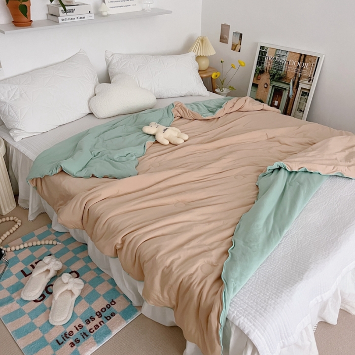 91家纺网 家纺一手货源 找家纺 星期八 2022新款马卡龙针织棉大豆夏被 豆绿卡其