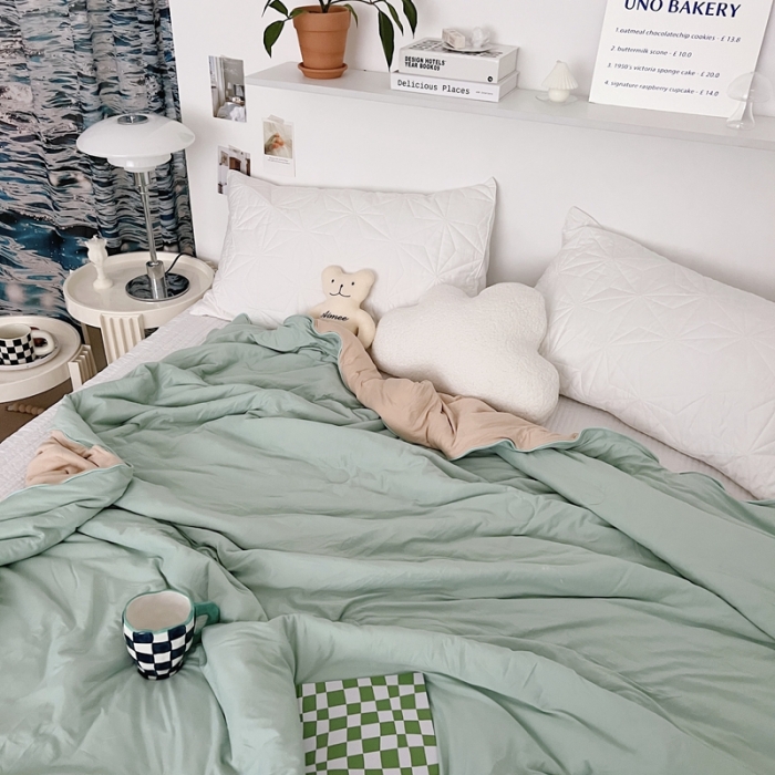 91家纺网 家纺一手货源 找家纺 星期八 2022新款马卡龙针织棉大豆夏被 豆绿卡其