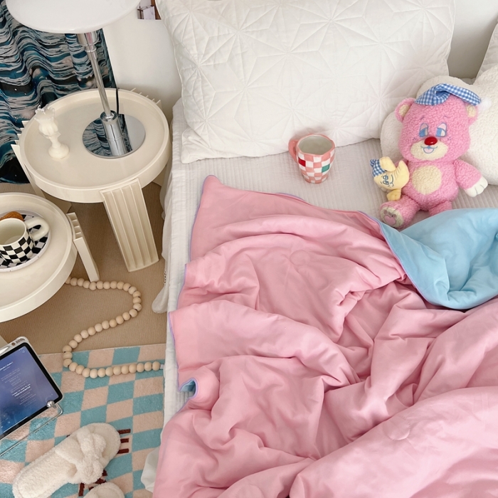 91家纺网 家纺一手货源 找家纺 星期八 2022新款马卡龙针织棉大豆夏被 粉蓝