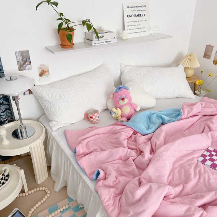 91家纺网 家纺一手货源 找家纺 星期八 2022新款马卡龙针织棉大豆夏被 粉蓝