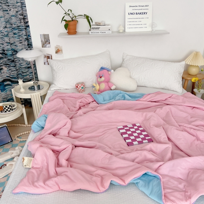 91家纺网 家纺一手货源 找家纺 星期八 2022新款马卡龙针织棉大豆夏被 粉蓝