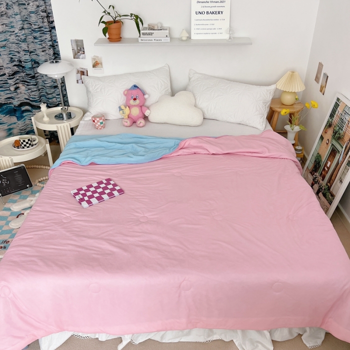 91家纺网 家纺一手货源 找家纺 星期八 2022新款马卡龙针织棉大豆夏被 粉蓝