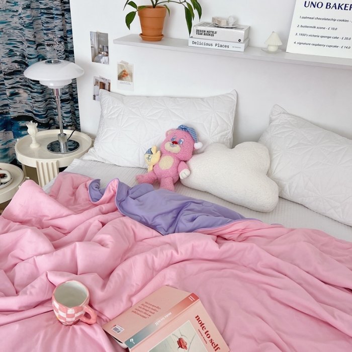 91家纺网 家纺一手货源 找家纺 星期八 2022新款马卡龙针织棉大豆夏被 粉紫