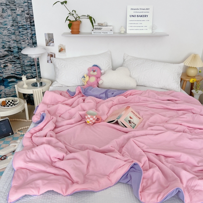 91家纺网 家纺一手货源 找家纺 星期八 2022新款马卡龙针织棉大豆夏被 粉紫