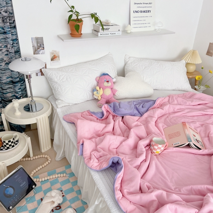 91家纺网 家纺一手货源 找家纺 星期八 2022新款马卡龙针织棉大豆夏被 粉紫