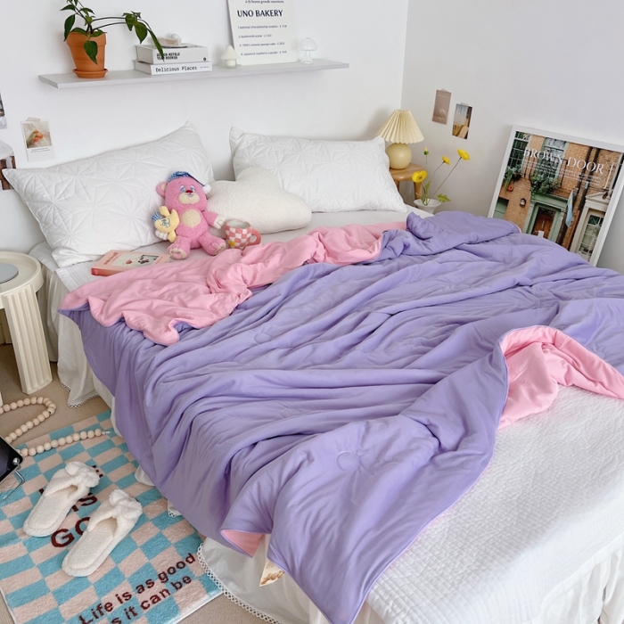 91家纺网 家纺一手货源 找家纺 星期八 2022新款马卡龙针织棉大豆夏被 粉紫