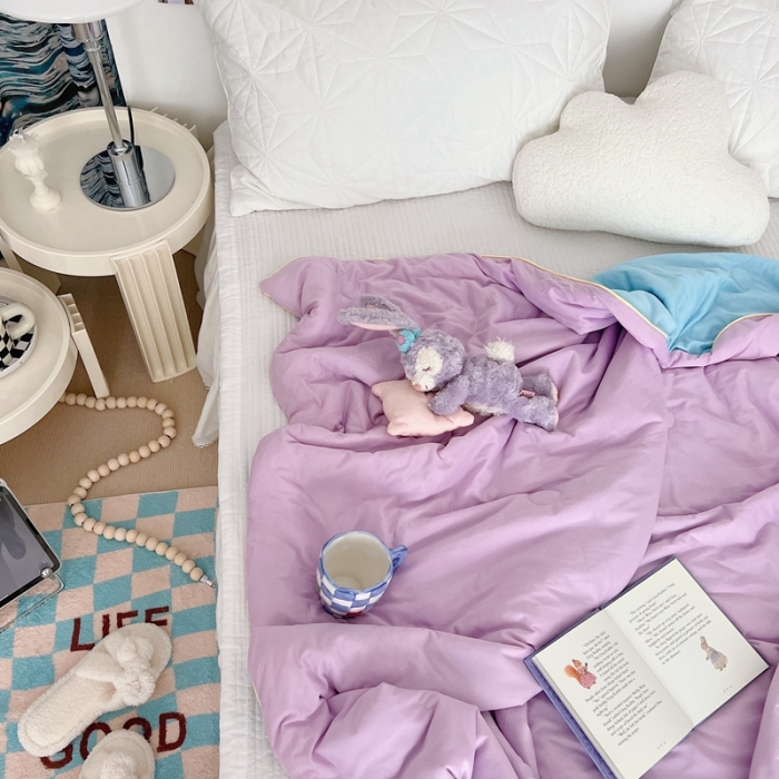 91家纺网 家纺一手货源 找家纺 星期八 2022新款马卡龙针织棉大豆夏被 粉紫蓝