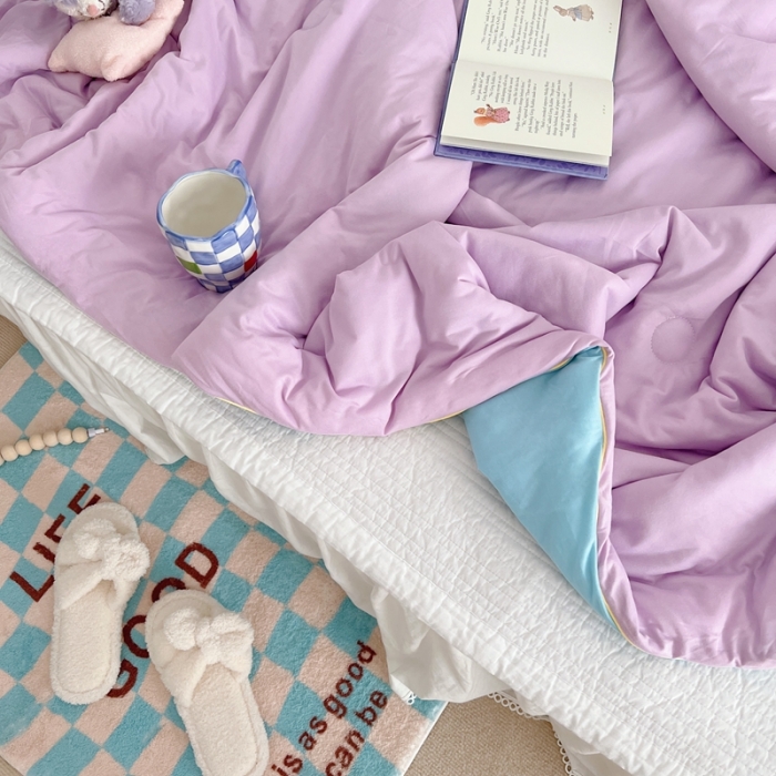 91家纺网 家纺一手货源 找家纺 星期八 2022新款马卡龙针织棉大豆夏被 粉紫蓝